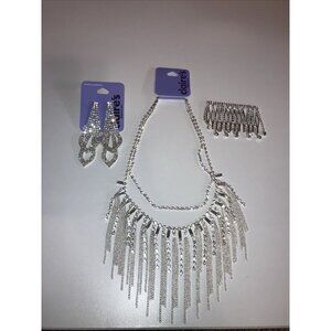 Claire's Beautiful Sparkly Crystal Formal Statement Necklace, Earrings & Hairpin